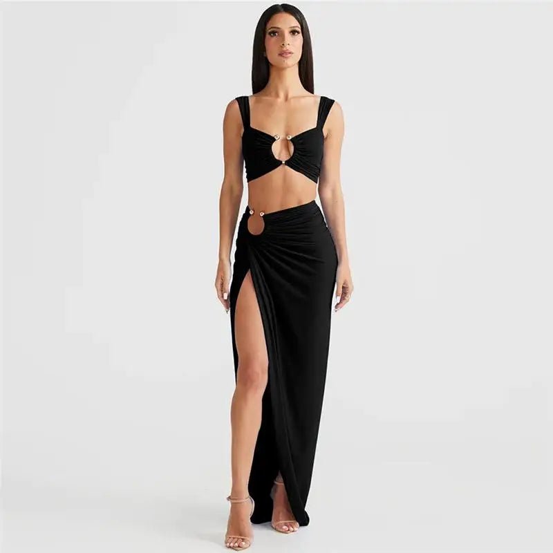 Ensemble deux pièces couture : top bustier épaules nues et jupe taille haute fendue — une silhouette sexy et affirmée au style street - fashion 2025 - Deliora