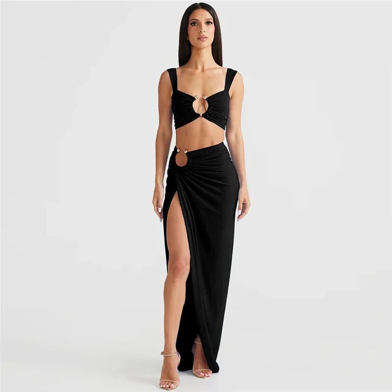Ensemble deux pièces couture : top bustier épaules nues et jupe taille haute fendue — une silhouette sexy et affirmée au style street - fashion 2025 - Deliora