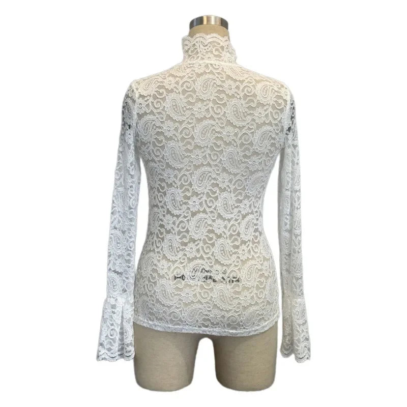 Blouse femme 2025 : col montant, manches longues, dentelle semi - transparente, coupe slim — top casual chic printemps - automne Y2K - Deliora