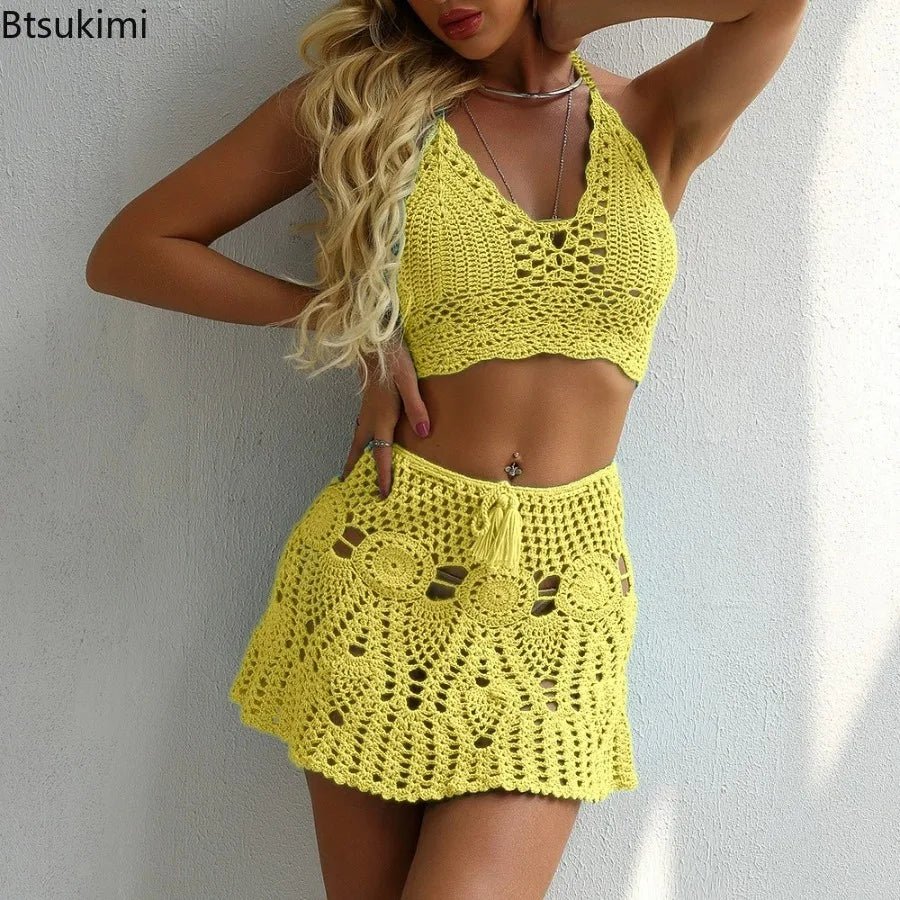 Maillot de bain sexy en tricot pour femme : culotte tanga taille haute et haut crochet ajouré avec jupe coquillage — swimdress chic et tendance plage 2026 - Deliora