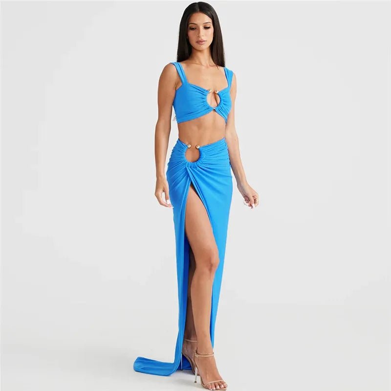 Ensemble deux pièces couture : top bustier épaules nues et jupe taille haute fendue — une silhouette sexy et affirmée au style street - fashion 2025 - Deliora