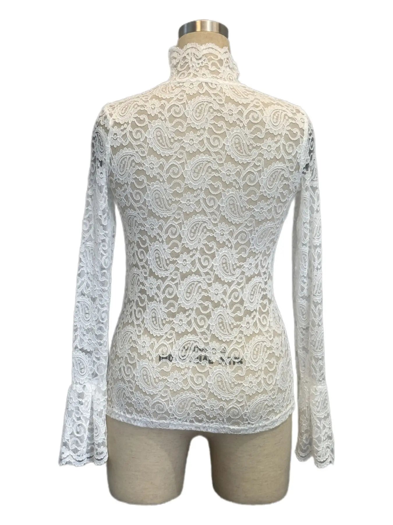 Blouse femme 2025 : col montant, manches longues, dentelle semi - transparente, coupe slim — top casual chic printemps - automne Y2K - Deliora