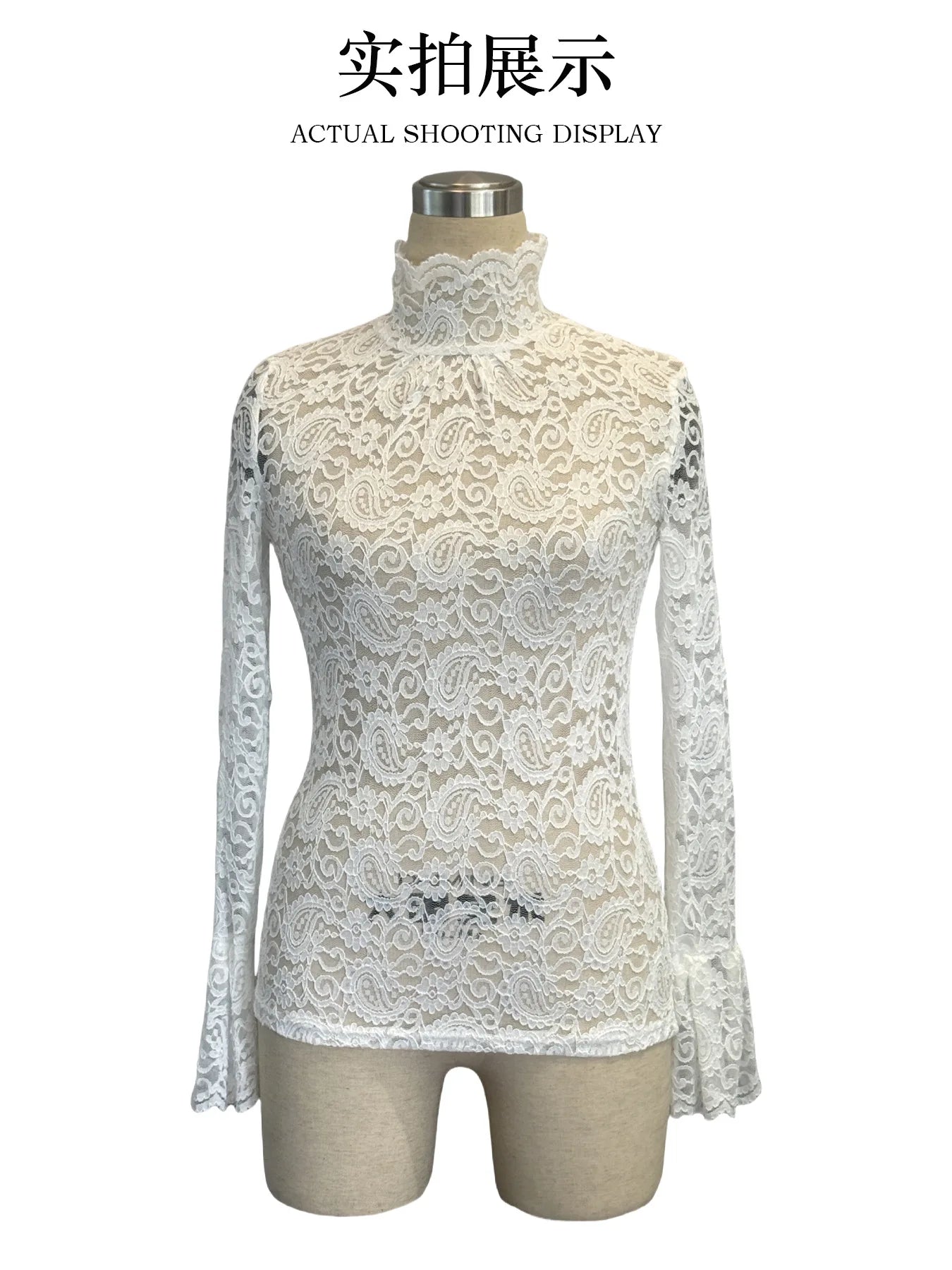 Blouse femme 2025 : col montant, manches longues, dentelle semi - transparente, coupe slim — top casual chic printemps - automne Y2K - Deliora