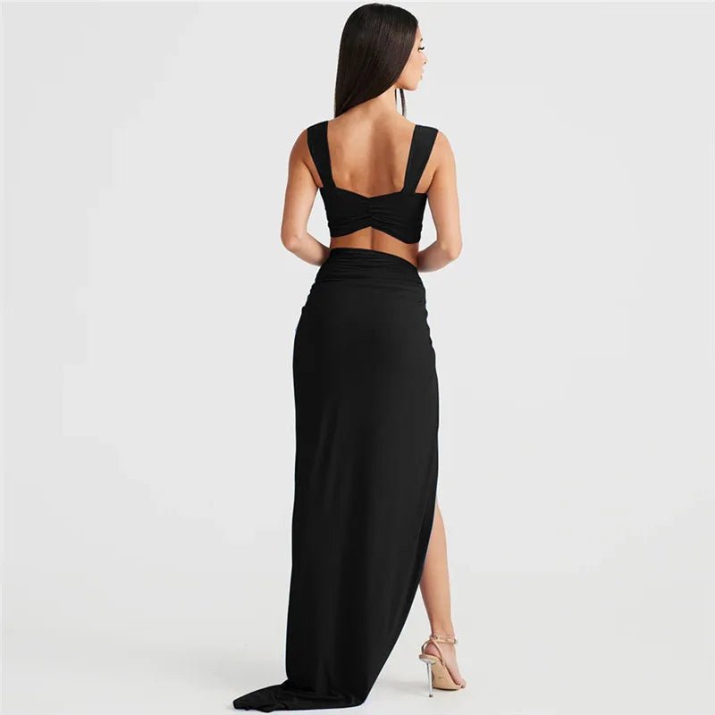 Ensemble deux pièces couture : top bustier épaules nues et jupe taille haute fendue — une silhouette sexy et affirmée au style street - fashion 2025 - Deliora