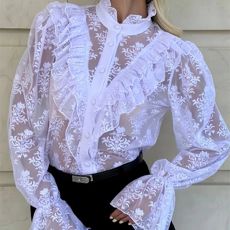 Chemisier féminin Tossy en dentelle imprimée avec volants, patchwork transparent et laçage — manches longues, top chic pour bureau et été 2026 - Deliora